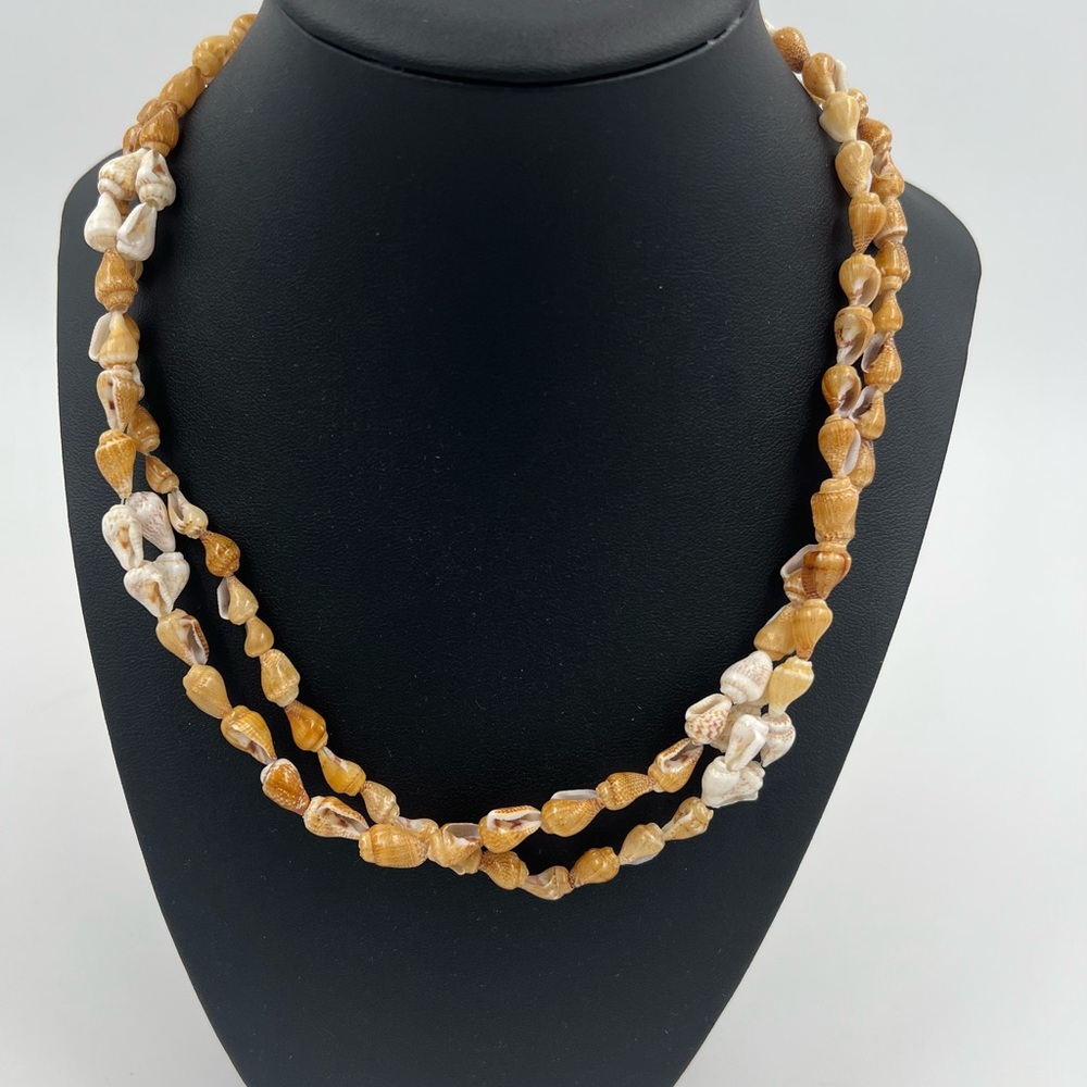 Vintage Seashell beaded Necklace 37” Strand Tan & Cream Shells